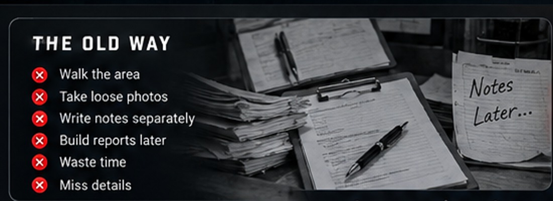 The old way: paper notes, loose photos, separate reporting